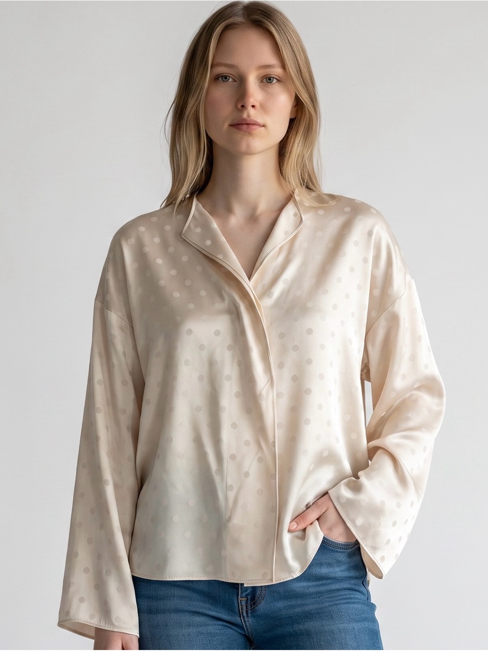 Vince Cream Satin Dot Button-Down Shirt